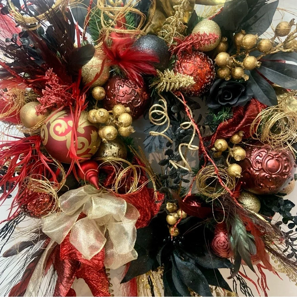 Elegant Unique Floral Christmas Contemporary Black Red Gold Door Wall Wreath